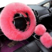 3 vnt./komplektas Dirbtinės vilnos vairo pavarų perjungimo strypo stabdžių pūkuotas dangtis automobilio dekoras rožinė