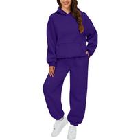 Moteriški 2 dalių komplektai su gobtuvu, megztinio kostiumo komplektai, dideli megztiniai Baggy Fall Fashion sportiniai kelnės su kišenėmis L tamsiai violetine spalva