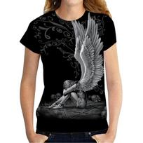 2022 m. 3d Gothic Angel Print Marškinėliai apvalia apykakle, juoda trumpomis rankovėmis Angelo spauda Juokingi sparnai, moteriški hip-hop kaukolės dydis 6xl 2XL