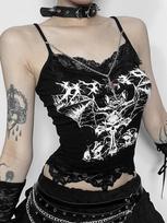 AltGoth Gotikinis Panko Kamsis Moterims Gatvės Drabužiai Harajuku Y2k Grunge Grafinis Šikšnosparnio Rašto Nėrinių Lopinis Trumpas Tank Topas su Grandinėle Femme S juoda