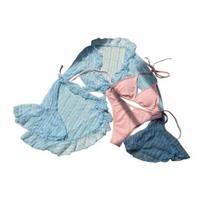 4 vnt./kompl. Moteriškas seksualus maudymosi kostiumėlis su halterio tipo liemenėle ir raišteliais šonuose, raukiniuotu apvadu, paplūdimio stiliaus, ilgomis rankovėmis užmetamas viršus, sijono komplektas L kava