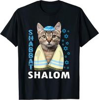 Juokingi žydiški Shabbat Shalom Mielas Katas Su Kipah Unisex Marškinėliai S