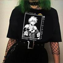 „My Boku No Hero Academia Katsuki Bakugou Print Harajuku Top“ moteriški marškinėliai „Casual Ladies Basic O“ apykakle trumpomis rankovėmis XXL