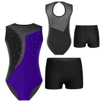 2 vnt. šokių ir gimnastikos kostiumas vaikams, mergaitėms, be rankovių, šokių kombinezonas ir šortai, unitardas, biketardas 13-14 Years juoda/violetinė