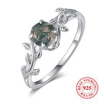 925 sterlingo sidabro žiedai su žaliu samanų agatu moterims, elegantiškas lapo formos žiedas, unikalus vestuvinis papuošalas, dovana 6