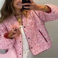 Prancūziškas prašmatnus vintažinis medvilninis paminkštintas paltas moterims rudens retro Y2k rožinės spalvos spausdinti patchwork drabužiai saldus stilius V formos iškirpte ilgomis rankovėmis striukė S rožinė