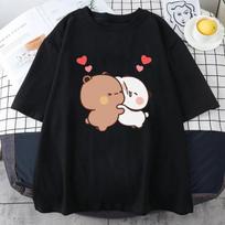 „Panda Bear“ animaciniai marškinėliai „Bubu“ ir „Dudu“ Mieli marškinėliai, 100% medvilnės trumpomis rankovėmis, mergaičių marškinėliai su O-kakleliu „Kawaii“ marškinėliai „Ullzang Casual“ XS juoda