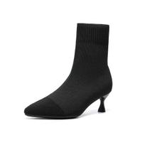 Moteriški aštrių pirštų kojinės tipo ankle boots, žemu kulnu, įsispiriami, kvėpuojantys, tamprios bootie batai moterims, komfortiški, su kitten kulnu, įtraukiami, megztos, oficialios boot batai 34 juoda