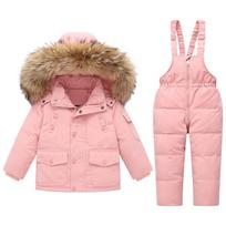 Storas žieminis pūkų striukės komplektas mažiems vaikams 1-3 metų - Unisex, šiltas ir jaukus dviejų dalių apranga 100 cm rožinė