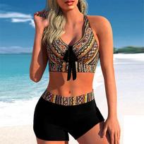 Moteriški maudymosi kostiumėliai Tankini 2 dalių maudymosi kostiumėlis Rožinis Rainbow Stripes Crossing Print Atostogų maudymosi kostiumėliai S ruda