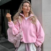 Rožinis megztinis su užtrauktuku Moteris Madingas megztinis Negabaritinis gobtuvas Y2K Street Style Moteriški vilnoniai žieminiai paltai Striukės M rožinė