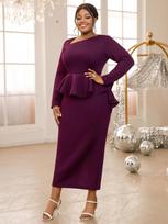 AOMEI Violetinės elegantiškos suknelės moterims su įstriža apykakle ilgomis rankovėmis Peplum Pencil Bodycon Midi vakarėlio suknelės 0XL violetinė