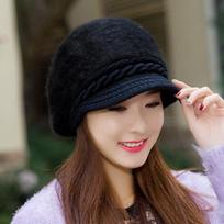Moteriška žieminė korėjietiška kepurė su snapeliu iš triušio kailio - Šilta megzta vilnonė kepurė Fleece Lined, Double Layer, Stretchy juoda