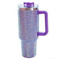 40oz Blizgus deimantas Blizgus deimantas Termosinis puodelis kavai, nerūdijančio plieno automobilio butelis su šiaudeliu, didelės talpos puodelis su cirkoniais 40oz violetinė