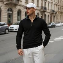Vyriškas megztinis su ketvirčiu užtrauktuku - Vienspalvis ilgomis rankovėmis kasdienis viršus, prigludęs, pusiau užsegamas džemperis rudeniui ir žiemai S juoda