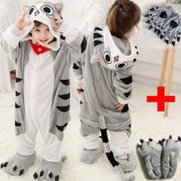 Vaikai Anime Kigurumi Pižama Su batais Pirštinės Pilka Katė Cosplay Kostiumai Hoodies Vakarėliui Naktiniai drabužiai vaikams Kalėdos 4T