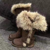 Fur High Boots Women's Designer Heeled Suede Shoes Buckle Fashion Warm Snow Boots New Comfort Winter Walking Woman Booties 35