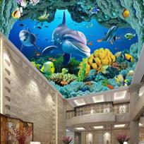 Nuotrauka 3D Povandeninis pasaulis Sienų tapetai Vandenynas Dolphin Hotel Svetainė Vaikai Miegamasis Interjero apdaila Šiuolaikinės lubų freskos Tapetai 200 cm(W) x 140 cm(H)