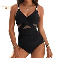 Moteriškas „Monokini Sling“ maudymosi kostiumėlis su giliu V formos iškirpimu be rankovių sujungiamas tinklinis maudymosi kostiumėlis „Tummy Control“, visiškai dengiantis maudymosi kostiumėlį L juoda