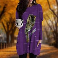 New In Autumn Cat Dragonfly Print Plus Size Dress Women O'neck Long Sleeves Casual Pocket Dresses 8XL mėtinė