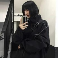 Gotikinės juodos striukės su užtrauktuku, moteriškos rudeninės Harajuku mados vintažinės estetinės gatvės aprangos tendencijos Laisvos striukės koledžo paltai S juoda