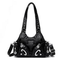 Moteriški dideli piniginės ir rankinės, plautos sintetinės odos hobo, krepšys per petį, rankinė, pirkinių krepšys su dirželiu per petį, rankena viršuje, krepšys per petį, hobo krepšys juoda