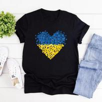 Marškinėliai su Ukrainos vėliava, Marškinėliai su Ukrainos širdies grafika, Moteriški marškinėliai trumpomis rankovėmis su O formos iškirpte, Marškinėliai su meilės ir taikos užrašais, Moteriški drabužiai S juoda