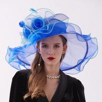 Organza Kentukio derbio skrybėlės moterims, plačiabrylė paplūdimio kepurė su šydu, gėlėmis, plunksnomis, vestuvėms, elegantiškos bažnyčios vakarėliui, fedora, moteriška Adjustable safyras