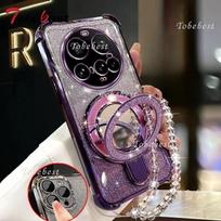 For Xiaomi 15 Ultra 14 14T 13 12 Pro Case Glitter Plating mirror Magnetic Phone Holder Bracelet Cover Xiaomi 15 Pro violetinė