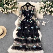 Frence Vintažinių gėlių siuvinėjimas Vakarinė suknelė Vasarinė ilgomis rankovėmis Princesė Fėja Vestidos Nėrinių tinklelis raukiniai Drabužiai S juoda