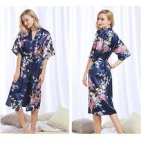 Moteriški šilko satino kimono chalatai, ilgi naktiniai drabužiai, chalatai, gėlių rašto, povo rašto, vakarėlių vestuvių pamergių chalatas XL tamsiai mėlyna