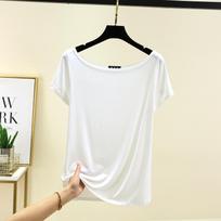 Modaliniai trumpomis rankovėmis Atviru nugara T-shirt moterims Laiveliu iškirpte Off shoulder T-shirt Vienspalvis Laisvas pagrindinis sluoksnis Viršus Didelio dydžio paprastas Apatiniai marškinėliai M balta