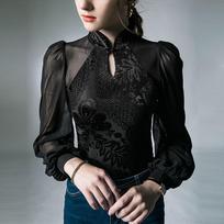 Fashion Chinese Style Slim Blouse Female Clothing Vintage Jacquard Weave Spring Autumn New Hollow Out Elegant Stand Collar Shirt S juoda