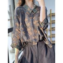Summer Artistic Retro Spliced Loose Shirt Pullover Floral Lightweight Blouse Women M mėlyna