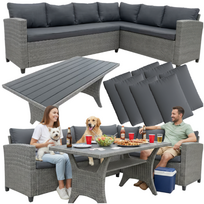 Sodo baldų komplektas, technoratano kampinė sofa + stalas + pagalvės