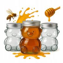 12x Stikliniai medaus indeliai "meškutis" 300ml su dangteliu