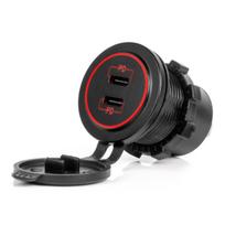 Vandeniui atsparus telefono įkroviklis su raudonu LED apšvietimu, 2xUSB-C 12/24V AMIO-04223