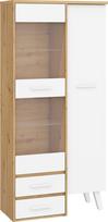 Nordis NOR-17 vitrina 1D2S – elegantiška stiklinė vitrina su stalčiais, ąžuolas Cremona/balta