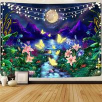 Mėnulio peizažas Gobelenas Gėlė Augalas Drugelis Gobelenai Žvaigždėtas naktinis kalnas Kabantis ant sienos Boho Magic Kambario dekoras Estetinis 95x73cm