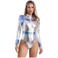 Moteriškas metalinis kosmoso astronautų cosplay kostiumas suaugusiems Seksualus prigludęs kombinezonas S mėlyna