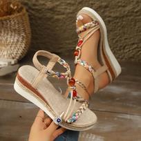 Bohemian Style Hemp Rope Hand Woven Color Blocked Elastic Band Open Toe Beach Shoes with Sloping Heels, Women's Casual and Comfortable Sandals 36 abrikosas