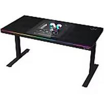 Lorgar Dual-motor sit/stand adjustable-height gaming desk with built-in PC case, wireless charger, RGB lighting, control panel, and USB ports, PB melamine surface tabletop, black. LRG-DE90W