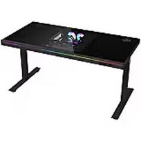 Lorgar Dual-motor sit/stand adjustable-height gaming desk with built-in PC case, wireless charger, RGB lighting, control panel, and USB ports, tempered glass tabletop, black. LRG-DE90G
