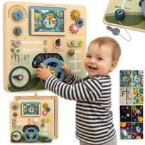 Medinė Montessori lavinamoji lenta 2in1 „Mažasis vairuotojas ir pilotas“ – vairas, pavarų svirtis, žemėlapiai, radaras