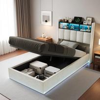 Paminkštinta viengulė lova 90x200 cm, LED/USB ir hidraulinė saugykla, balta, aksominė