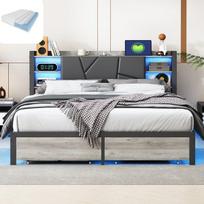 Lova 140×200CM, su čiužiniu, LED apšvietimu ir USB jungtimi, dvigubais stalčiais, pilka
