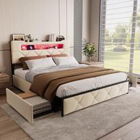 Dvigulė lova 140x190 cm, apmušta lova su LED apšvietimu, USB jungtimi ir 4 stalčiais, galvūgalis su vieta daiktams susidėti, smėlio spalvos aksomas, čiužinys į komplektą neįskaičiuotas