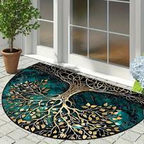 Golden Tree of Life Half Round Door Mat Non-Slip Machine Washable Floor Mat 2D Flat Semi-Circular Rug for Entryway Living Room Decor 40X60CM