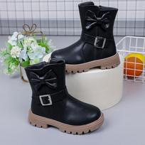 2024 Girls Boots Bow Kids Fashion Buckle Cool Solid Color Toddler Girls Shoes Children Casual Boots Versatile Spring New Simple 26 juoda