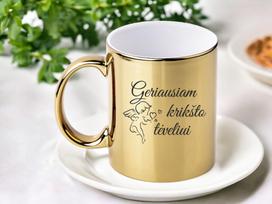 Aukso spalvos veidrodinis puodelis su angeliuku „Geriausiam krikšto tėveliui“